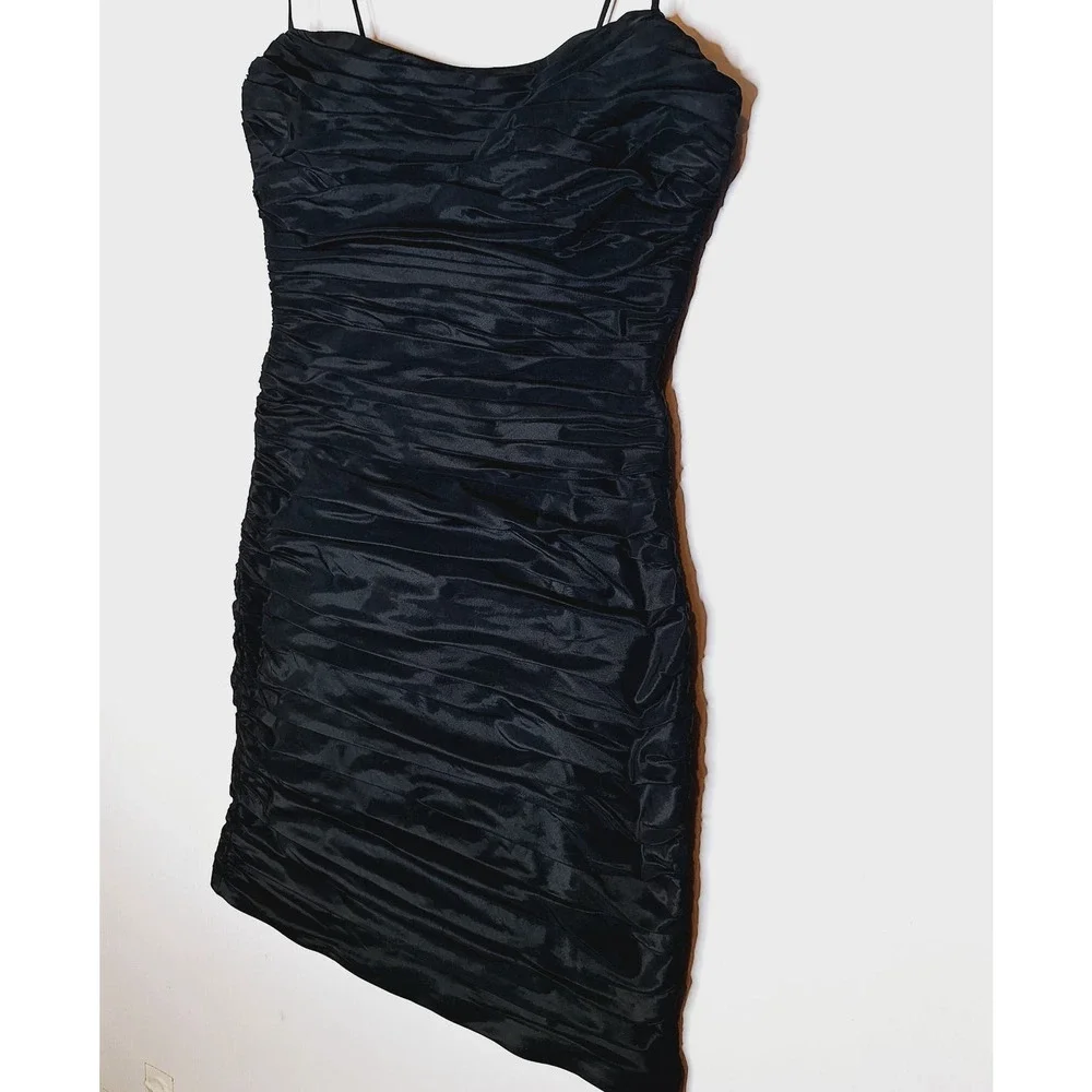 Teri Jon Rickie Freeman Taffeta Black Ruched Dress 4 Bodycon Cocktail LBD - Picture 8 of 11